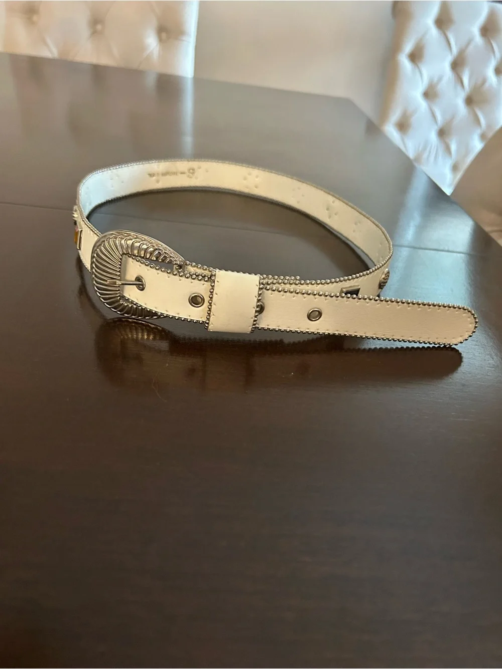 Women's Vintage White Decorative Leather Belt with Gem Accents Size S